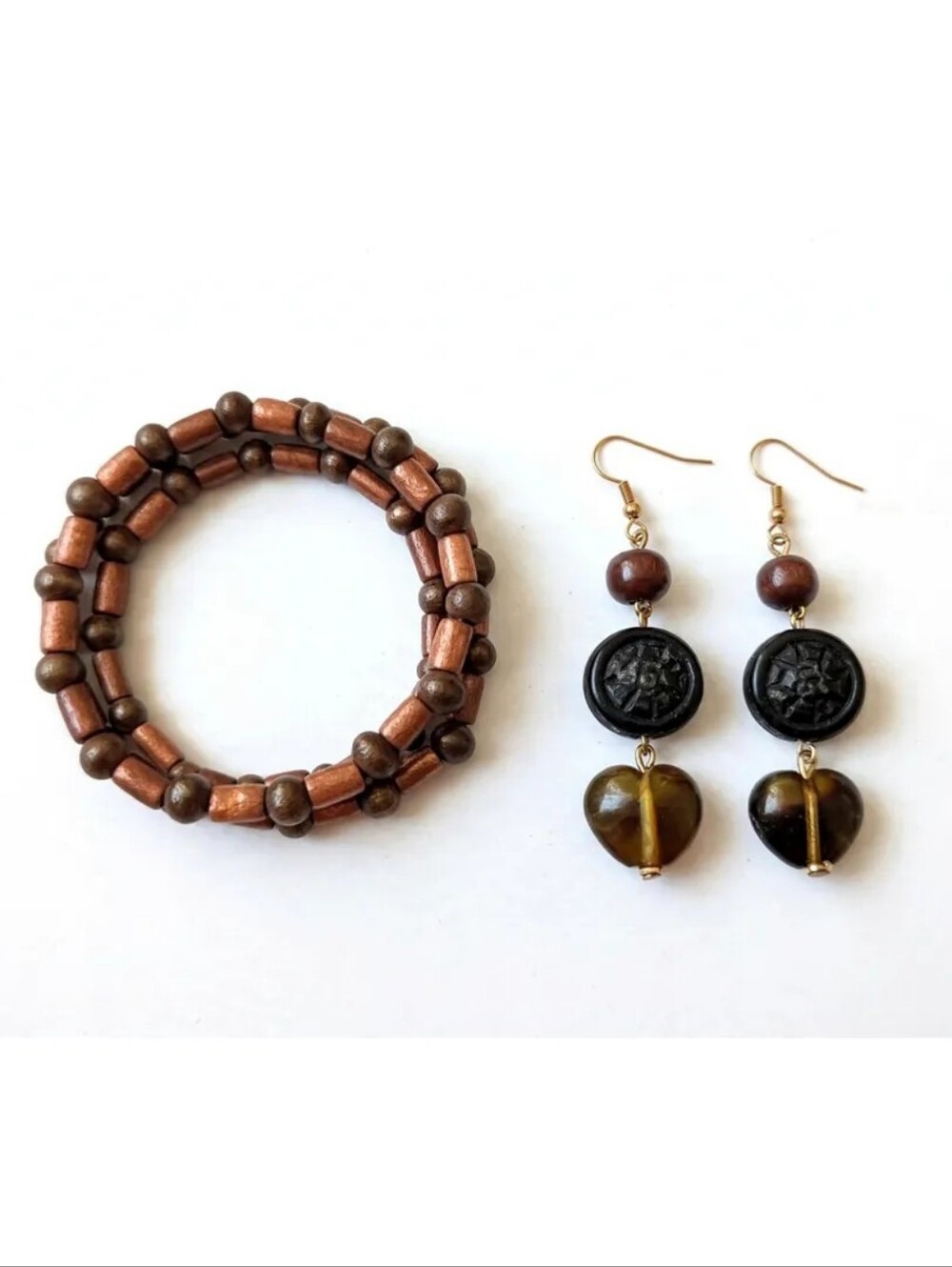 Set - Boho Wood Bead Bracelet & Glass Bead Earrings in Bronze & Brown